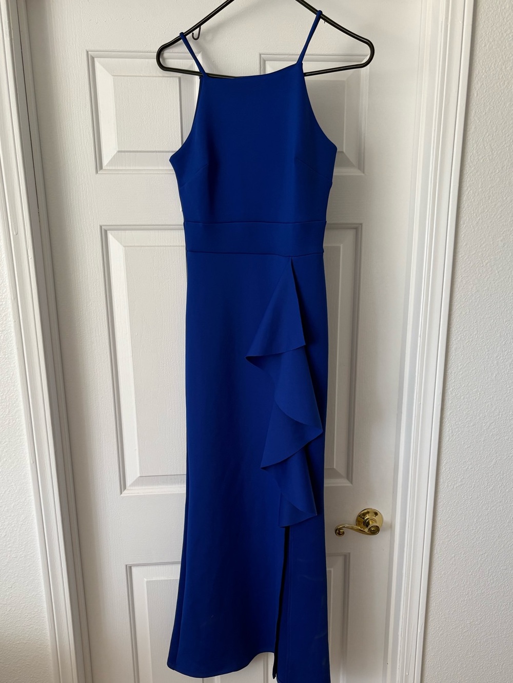 Elegant Royal Blue Ruffle-Front Evening Dress